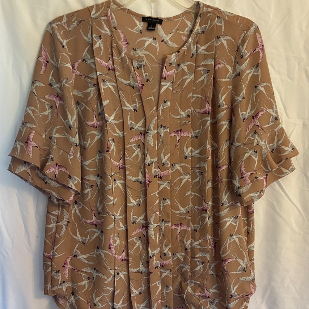 Ann Taylor Camel Blouse with Pink & White Bird Print